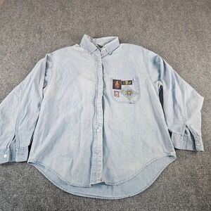 Ashleigh Morgan‎ Vintage Denim Shirt Light Wash Celestial Patches Womens Medium